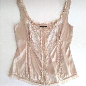 Elie Tahari Silk Tank Top Medium Taupe Lace Ruffle Snap Front Shirred Pin Tucks